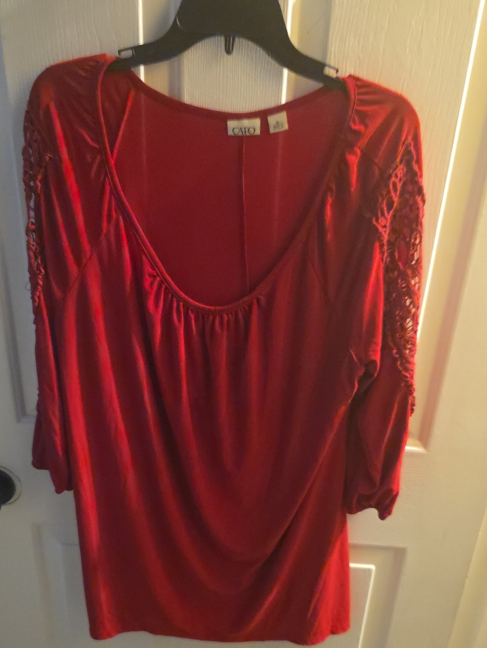 Cato Women's Red Scoop Neck Top with Lace Sleeve Detail
